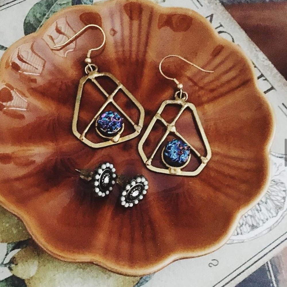 Dangle Earrings with Raw Cut Faux Opal Crystal